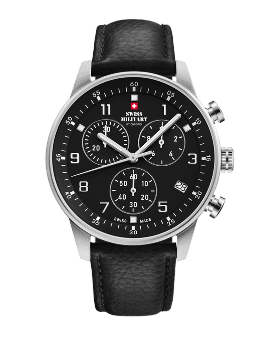 Relógio Swiss Military – SM34114.08 - Cronógrafo Minimalista Couro Preto