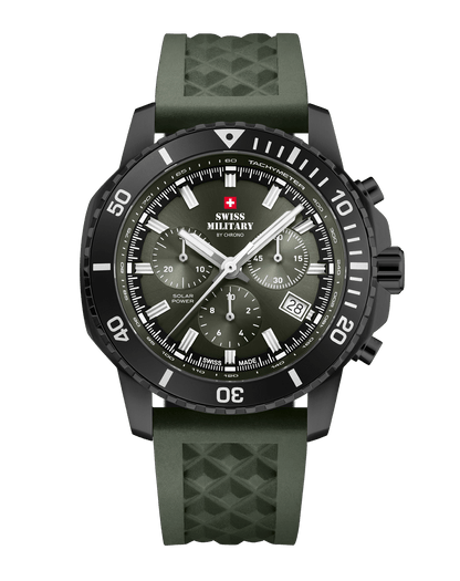Relógio Cronógrafo Solar Automático Swiss Military SMS34113.04 –  Verde, Pulseira em Borracha