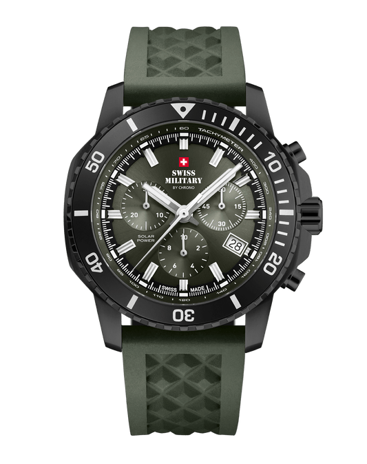 Relógio Cronógrafo Solar Automático Swiss Military SMS34113.04 –  Verde, Pulseira em Borracha